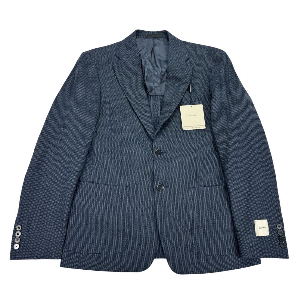 Calvin Klein Mens Slim Fit Wool Blend Textured Stretch Sport Coat Navy Blue 39S
